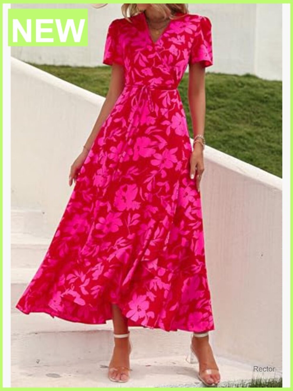 Boho Floral Maxi Dress Short Sleeve Wrap V Neck Long Flowy Beach Vacation - Picture 4 of 7